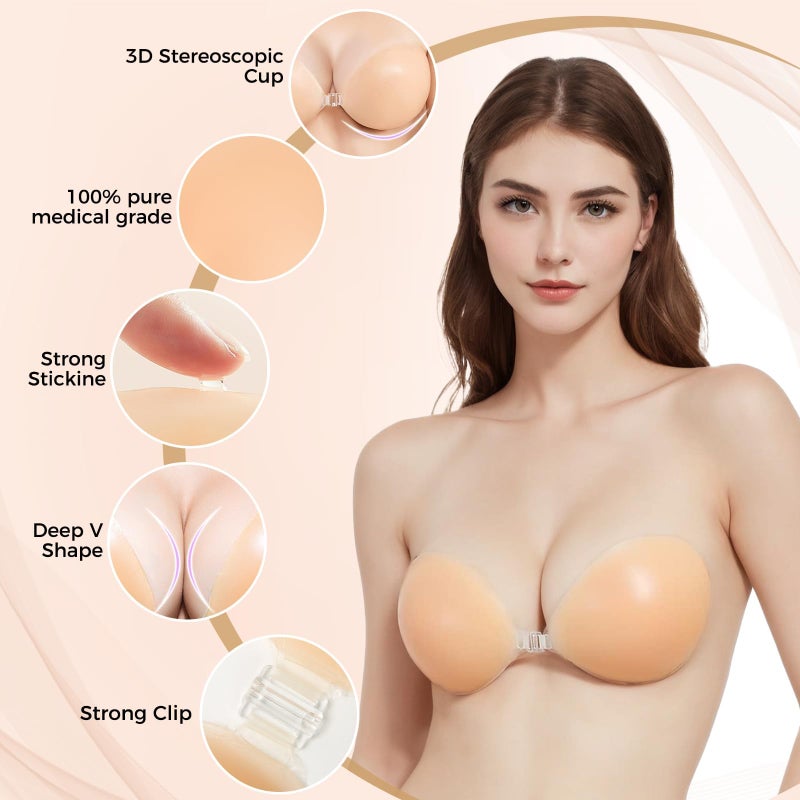 AURUZA Strapless Sticky Adhesive Bra Invisible Push up Reusable Silicone Off Backless Viscous for Women Dress Nude - Image 3