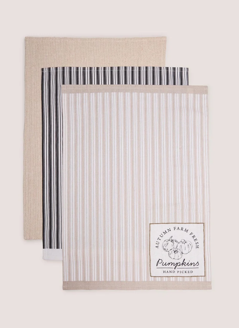 Matalan 3 Pack Cream Pumpkin Harvest Stripe Tea Towels