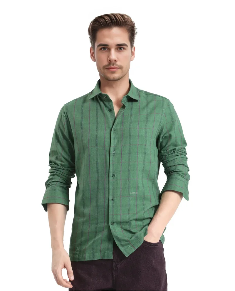 Rare Rabbit Rare Rabbit Men Roos Green Cotton Poly Fabric Full Sleeve Regular Collar Oversized Fit Checked Shirt