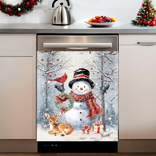 AOPEDRM Winter Snowman Dishwasher Magnet Cover 23x26 inch Christmas Bird Elk Tree Dishwasher Magnet Sticker Decoration for Kitchen Reusable in Farmhouse Refrigerator Magnet Cover Fridge Panel - Image 1