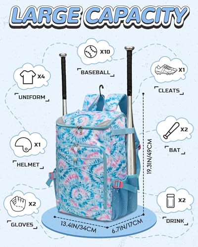 FOKDUVB Baseball Softball Gear Bag Backpack for Boys Girls Ages 812 1214 Large Kids Youth Bat Bag with Ventilated Shoe Compartment Baseball Softball Players Stuff Supplies Light Blue TieDye - Image 3