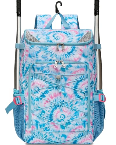 FOKDUVB Baseball Softball Gear Bag Backpack for Boys Girls Ages 812 1214 Large Kids Youth Bat Bag with Ventilated Shoe Compartment Baseball Softball Players Stuff Supplies Light Blue TieDye - Image 1