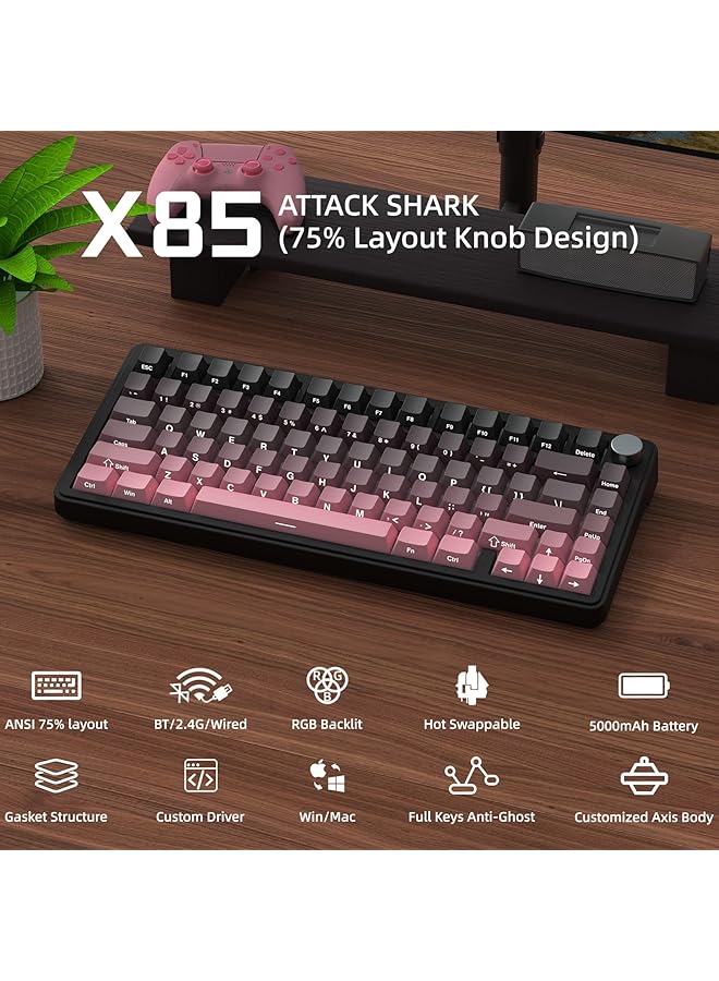 Attack Shark X85 Joint Mechanical Keyboard With Button 75% Wireless Gaming Keyboard (Bt5.0/2.4G/Usb C) And Five Layer Padding Rgb 5000Mah Hot Swappable Pbt Keys (Pink) - Image 2