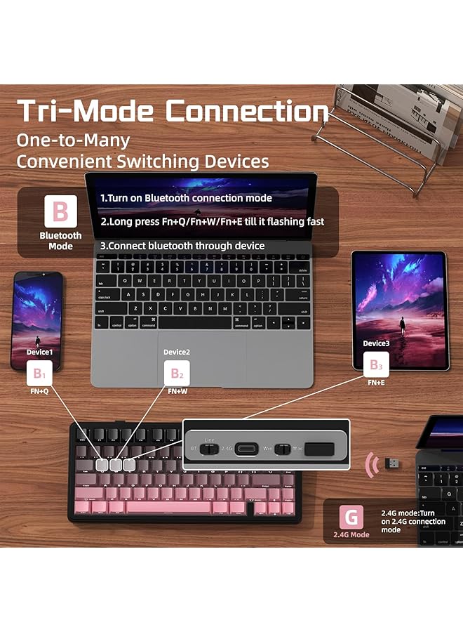 Attack Shark X85 Joint Mechanical Keyboard With Button 75% Wireless Gaming Keyboard (Bt5.0/2.4G/Usb C) And Five Layer Padding Rgb 5000Mah Hot Swappable Pbt Keys (Pink) - Image 3