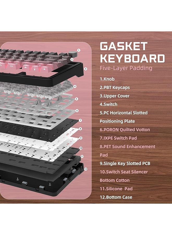 Attack Shark X85 Joint Mechanical Keyboard With Button 75% Wireless Gaming Keyboard (Bt5.0/2.4G/Usb C) And Five Layer Padding Rgb 5000Mah Hot Swappable Pbt Keys (Pink) - Image 4