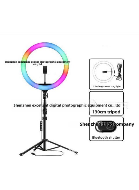 10-inch Rgb Live Fill Light 12-inch Photography Beauty Mobile Phone Photo Live Bracket Led Ring Light-Colour:12inch (rgb Single Camera) + 1.3m Upgraded Version Of The Bracket + Bluetooth Remote Control