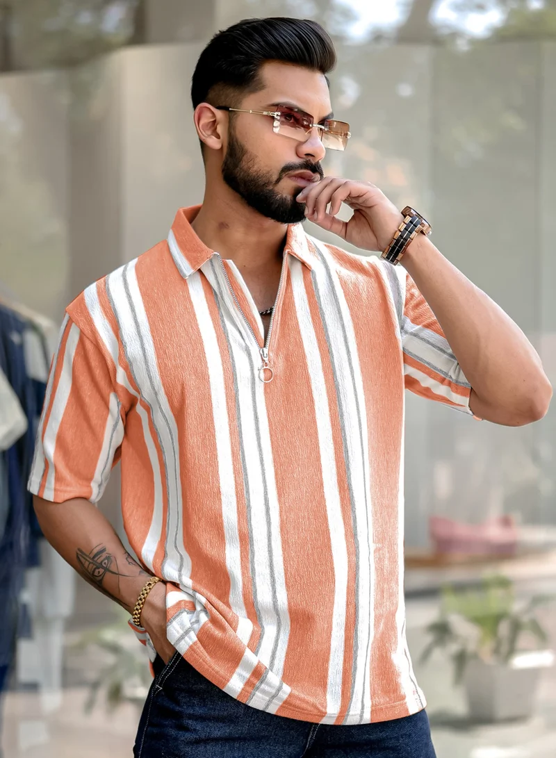 مانياك تيشيرت بولو رجالي مخطط بأكمام نصفية من القطن بلون الصدأ