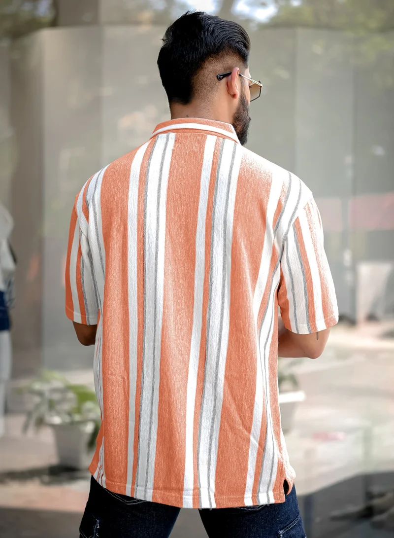 مانياك تيشيرت بولو رجالي مخطط بأكمام نصفية من القطن بلون الصدأ