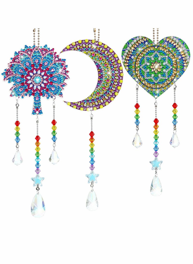 Captaintech Diamond Painting Pendant Kids, Double Sided Crystal Gem Paint by Number Stereoscopic Hanging Ornaments, Wind Chime Moon Heart Mandala for Home Garden Adults Kids (3 Pcs) - Image 1