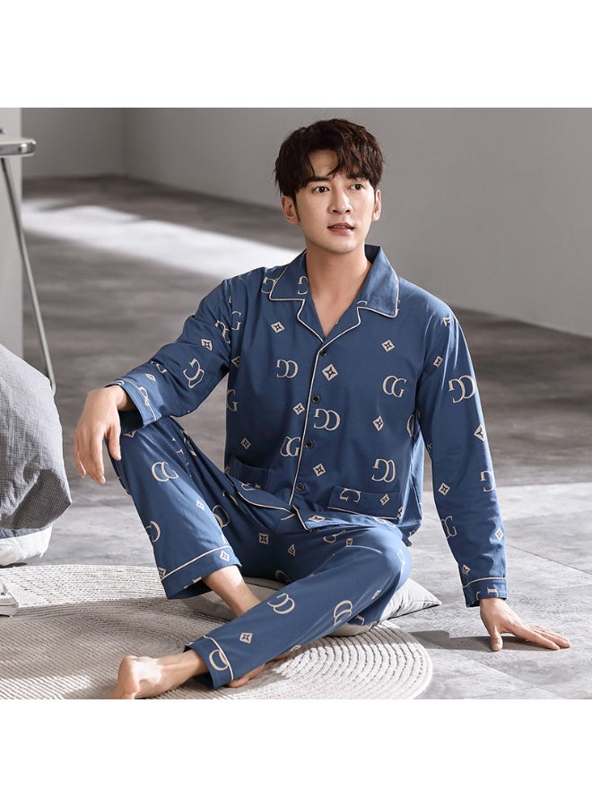Autumn Winter Men's  Cotton Sleepwear Cardigan Long Sleeves Trousers Outerwear Youthful Simple Cotton Sleepwe - Image 1