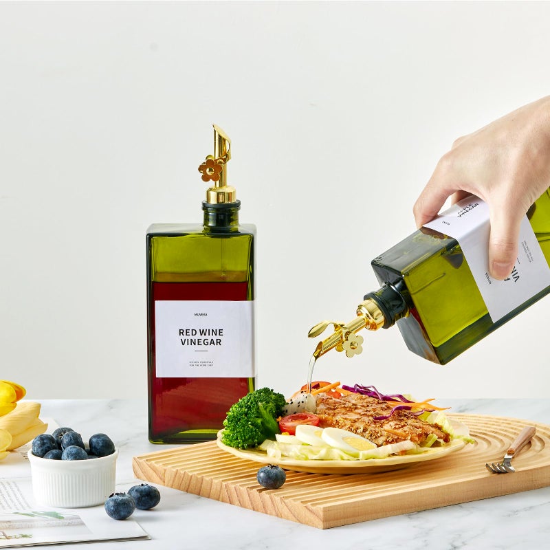 MUVEKA Olive Oil Dispenser Bottle for Kitchen, 16.9oz /500ml Cooking Vinegar Dispenser Bottle Set, Glass Sauce Container, Labels, Brush, Funnel, Stoppers, Green for Oil, Wine - Image 4