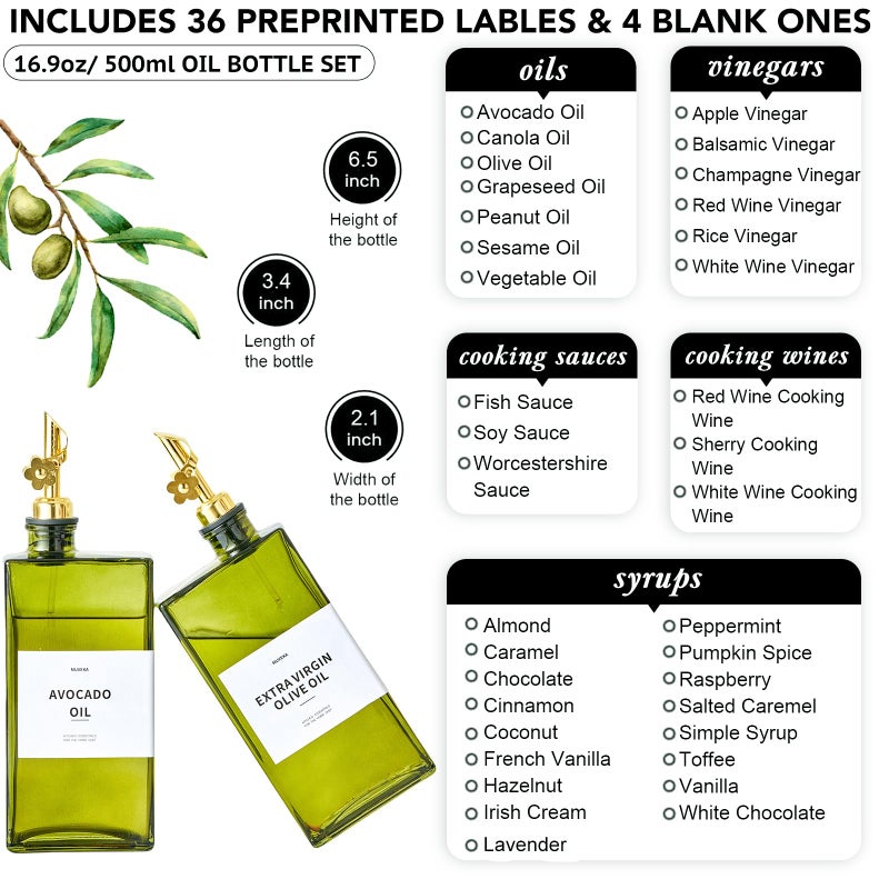 MUVEKA Olive Oil Dispenser Bottle for Kitchen, 16.9oz /500ml Cooking Vinegar Dispenser Bottle Set, Glass Sauce Container, Labels, Brush, Funnel, Stoppers, Green for Oil, Wine - Image 3