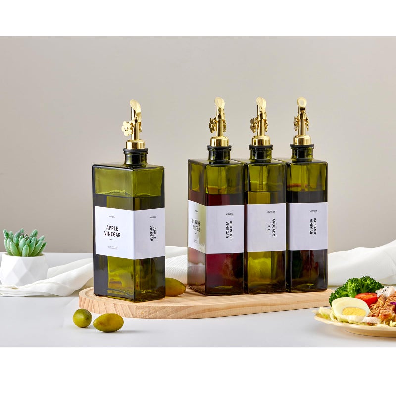MUVEKA Olive Oil Dispenser Bottle for Kitchen, 16.9oz /500ml Cooking Vinegar Dispenser Bottle Set, Glass Sauce Container, Labels, Brush, Funnel, Stoppers, Green for Oil, Wine - Image 2