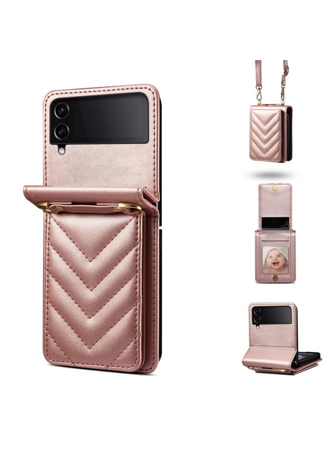 S-TOP Case For Samsung Galaxy Z Flip3 Rhombic Folding Leather Phone Case with Long Lanyard - Image 1