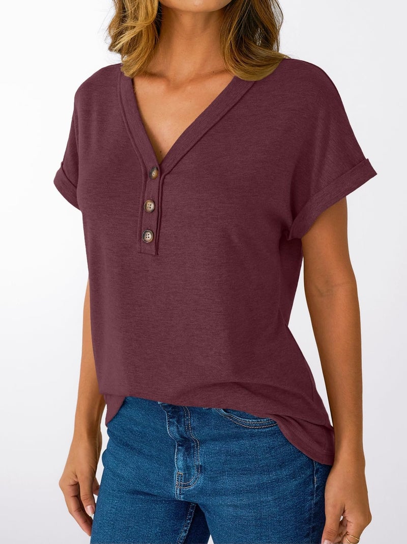 AUTOMET Short Sleeve V Neck T Shirts Womens 2026 Summer Business Casual Henley Tops Cap Sleeve Spring Fashion Clothes Dressy Lightweight Work Tshirts Loose Blouses Cute Outfits Clothing Wine Red M - Image 4