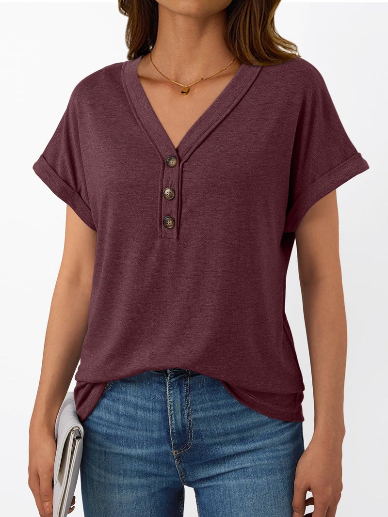 AUTOMET Short Sleeve V Neck T Shirts Womens 2026 Summer Business Casual Henley Tops Cap Sleeve Spring Fashion Clothes Dressy Lightweight Work Tshirts Loose Blouses Cute Outfits Clothing Wine Red M - Image 3