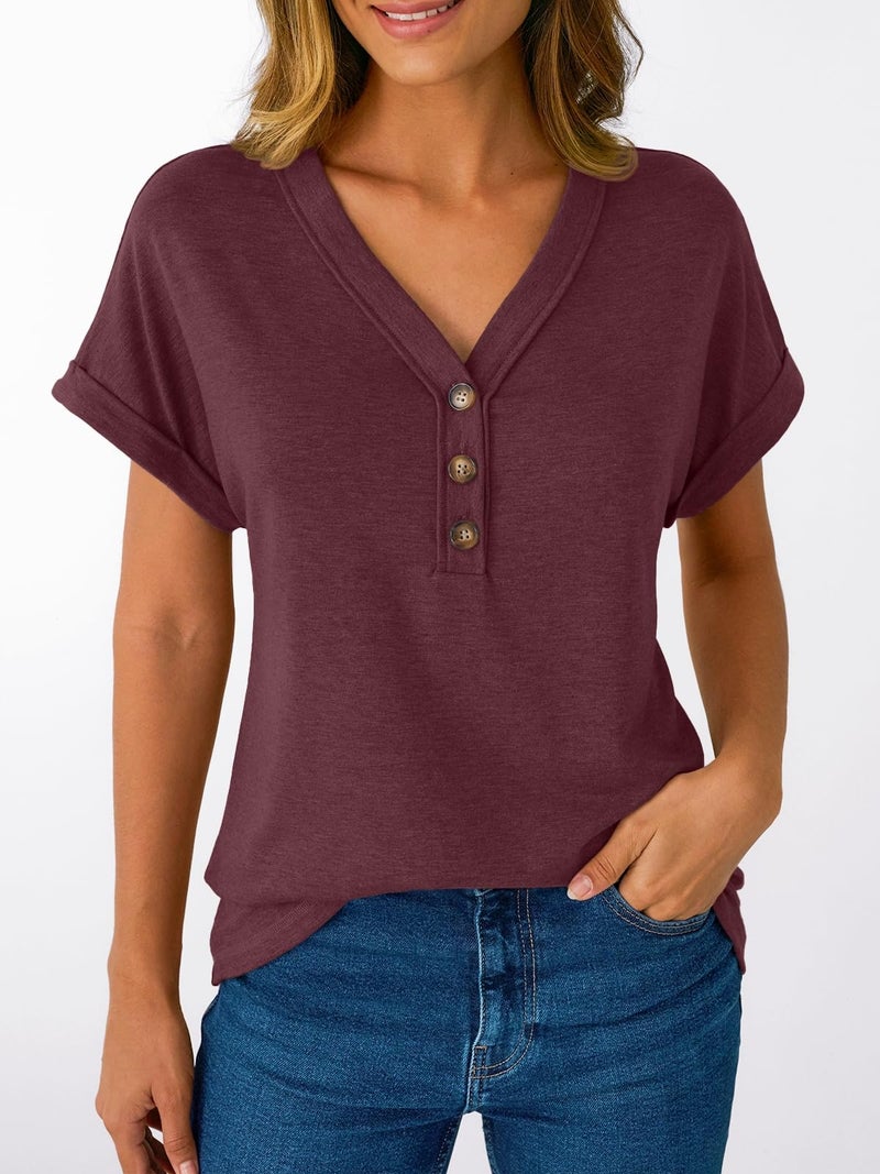 AUTOMET Short Sleeve V Neck T Shirts Womens 2026 Summer Business Casual Henley Tops Cap Sleeve Spring Fashion Clothes Dressy Lightweight Work Tshirts Loose Blouses Cute Outfits Clothing Wine Red M - Image 2