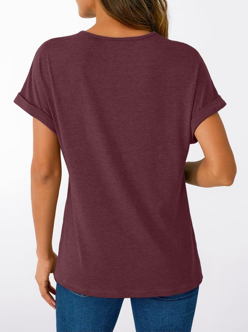 AUTOMET Short Sleeve V Neck T Shirts Womens 2026 Summer Business Casual Henley Tops Cap Sleeve Spring Fashion Clothes Dressy Lightweight Work Tshirts Loose Blouses Cute Outfits Clothing Wine Red M - Image 5