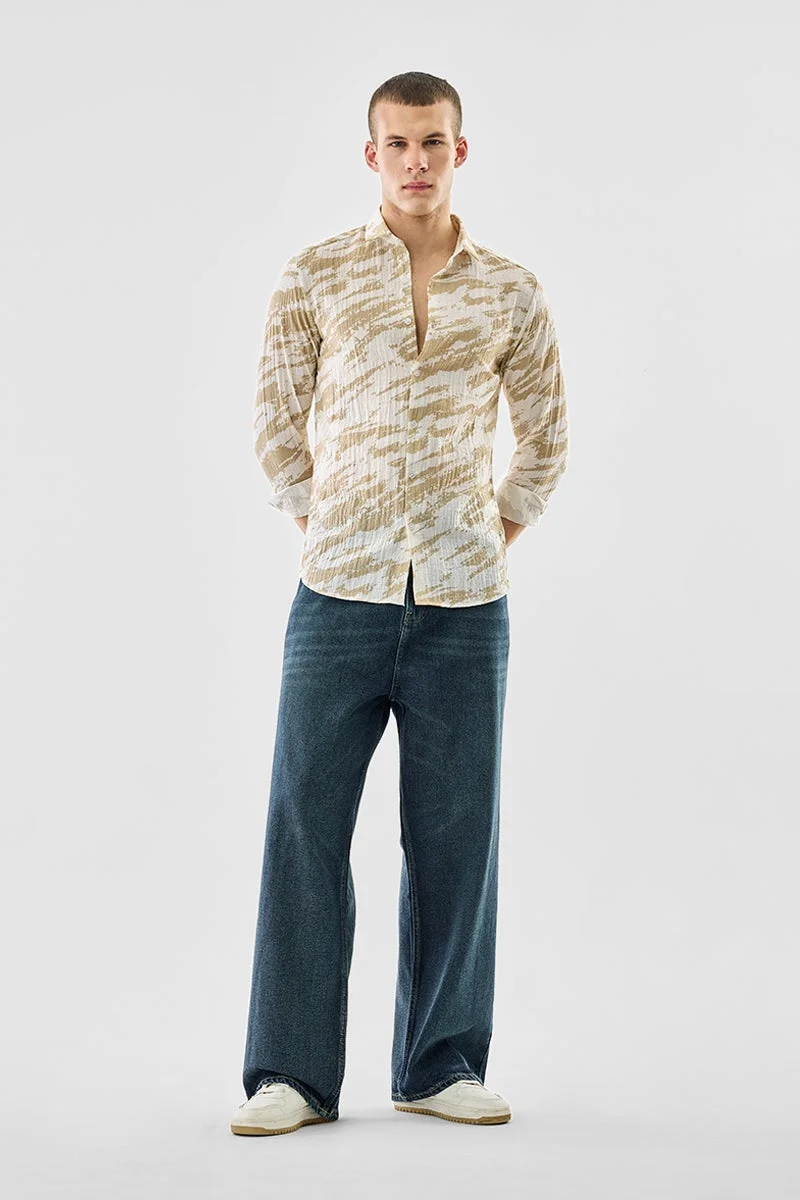 سنيتش Beige Geometric Long Sleeve Slim Fit Shirt