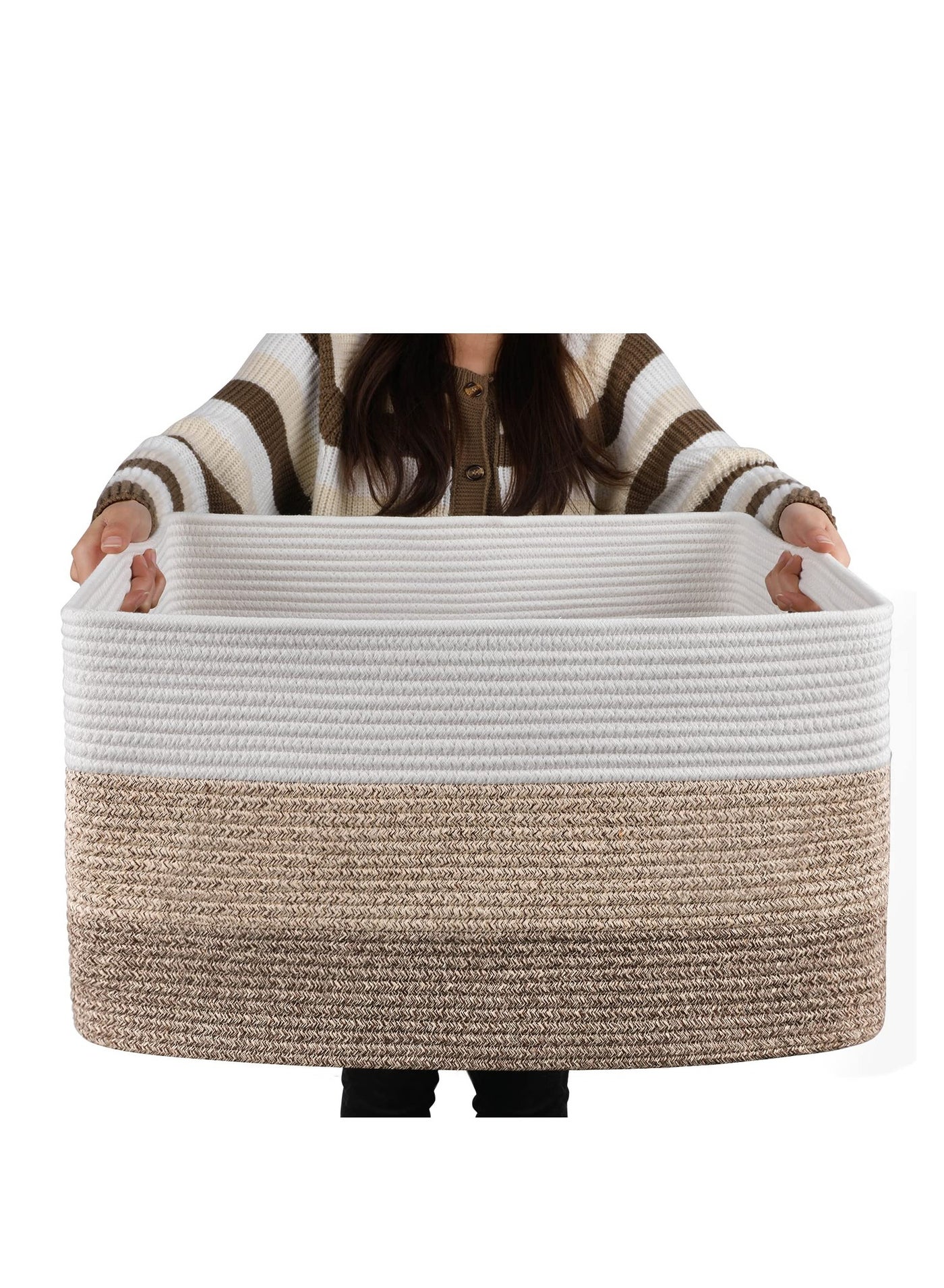Large Rectangle Blanket Basket, Woven Nursery Cotton Rope Baskets for Storage, Living Room, Toy Organizing with Handle
