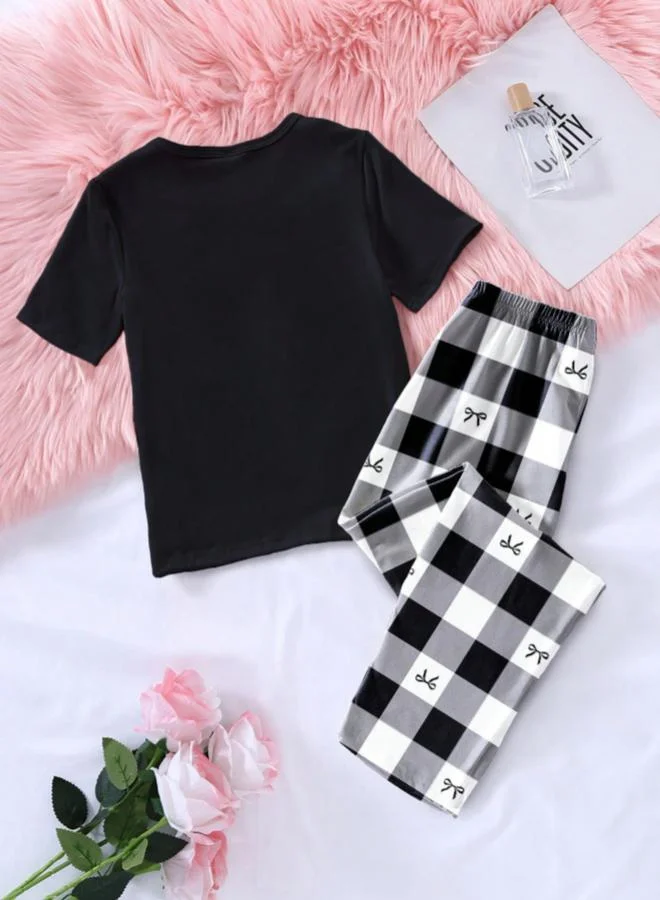 Take Two Black Short Sleeve T-Shirt and Checked Pyjama Set