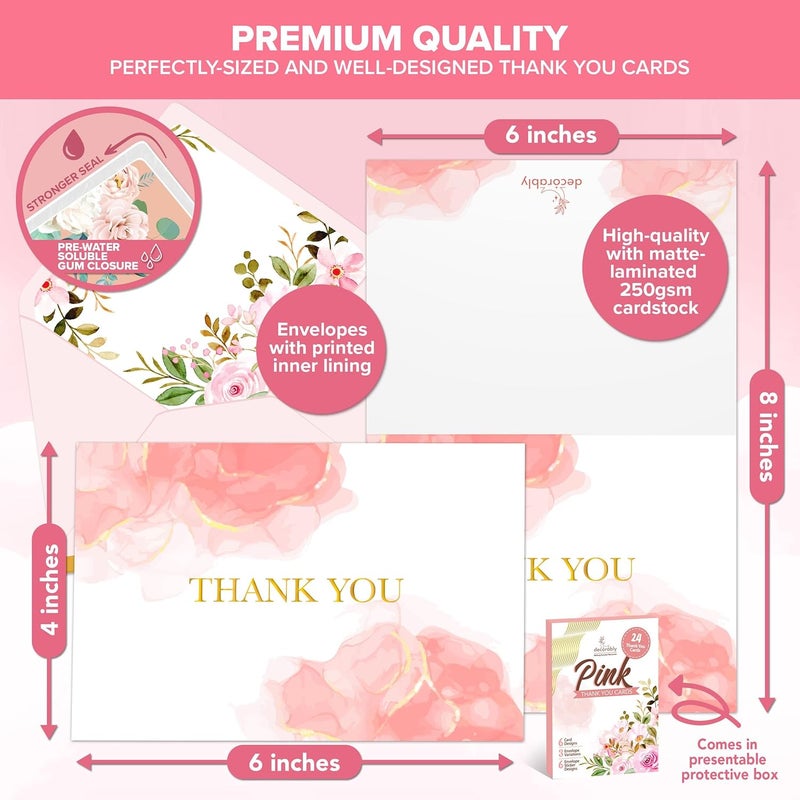 Decorably 24 Pack GoldFoiled 6x4in Pink Thank You Cards with Envelopes and Stickers 6 Elegant Designs Thank You Cards Pink Blank Inside  Bridal Shower Baby Shower - Image 2