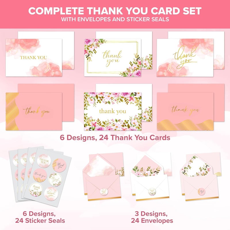 Decorably 24 Pack GoldFoiled 6x4in Pink Thank You Cards with Envelopes and Stickers 6 Elegant Designs Thank You Cards Pink Blank Inside  Bridal Shower Baby Shower - Image 3