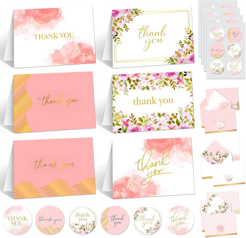 Decorably 24 Pack GoldFoiled 6x4in Pink Thank You Cards with Envelopes and Stickers 6 Elegant Designs Thank You Cards Pink Blank Inside  Bridal Shower Baby Shower - Image 1