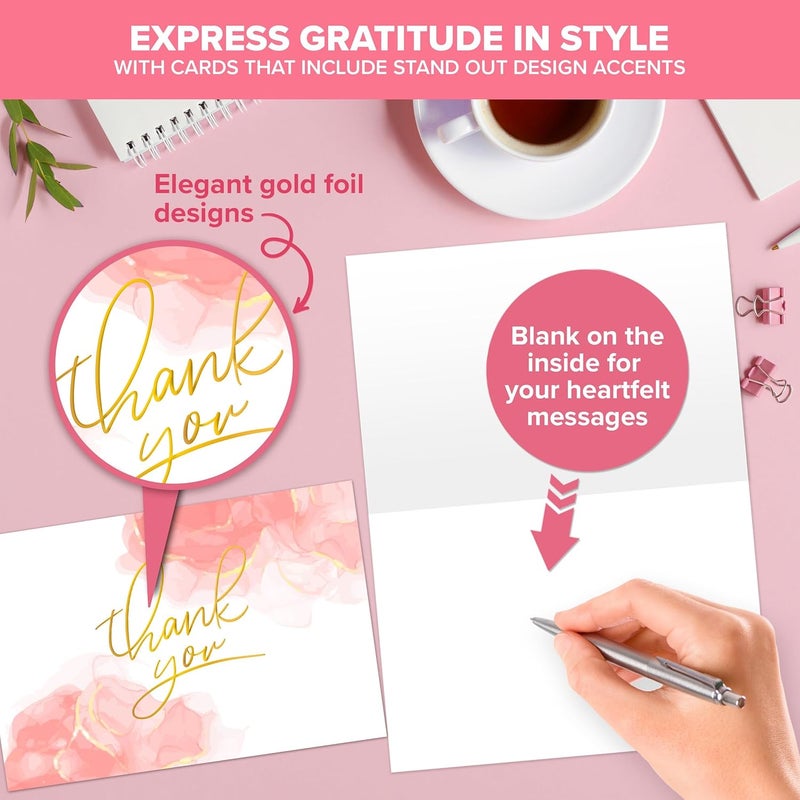 Decorably 24 Pack GoldFoiled 6x4in Pink Thank You Cards with Envelopes and Stickers 6 Elegant Designs Thank You Cards Pink Blank Inside  Bridal Shower Baby Shower - Image 4