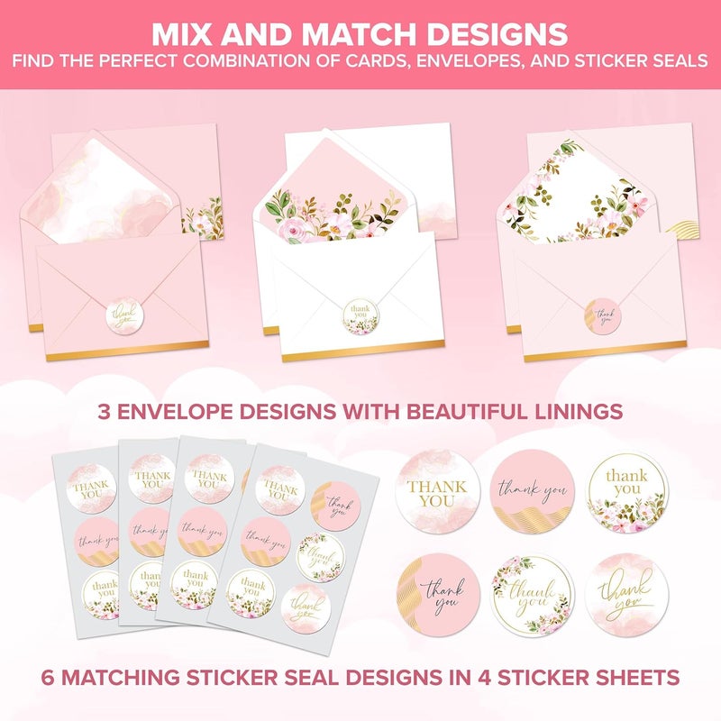 Decorably 24 Pack GoldFoiled 6x4in Pink Thank You Cards with Envelopes and Stickers 6 Elegant Designs Thank You Cards Pink Blank Inside  Bridal Shower Baby Shower - Image 5