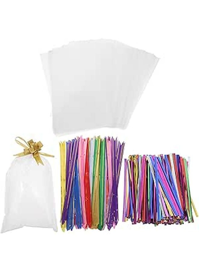 Clear Cellophane Gift Bags 400pcs 15x25cm With Pull Bows And Metal Twist Ties For Candy Cookies Party Treats - Image 1