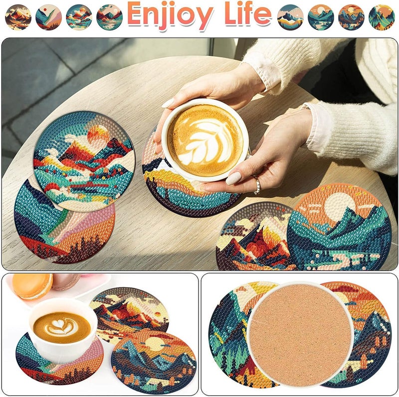ijbnhd 8 Pcs Sunset Diamond Painting Coasters with Holder, Abstract Landscape Diamond Art Coasters Diamond Painting Kits for Beginners, Adults Art Craft Supplies - Image 2