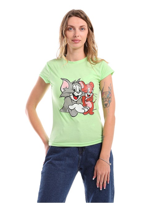 Printed Cotton Tom & Jerry Half Sleeves T-Shirt - Green