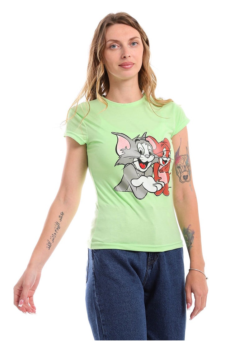 Andora - Printed Cotton Tom & Jerry Half Sleeves T-Shirt - Green - Image 1