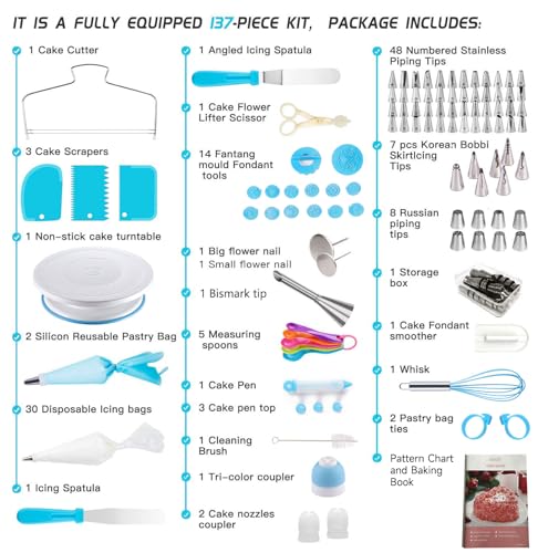 Boyun Cake Decorating Kit,137pcs Cake Decorating Supplies with Cake Turntable for Decorating,Pastry Piping Bag,Russian Piping Tips Baking Tools, Cake Baking Supplies for Beginners(Blue) - Image 3