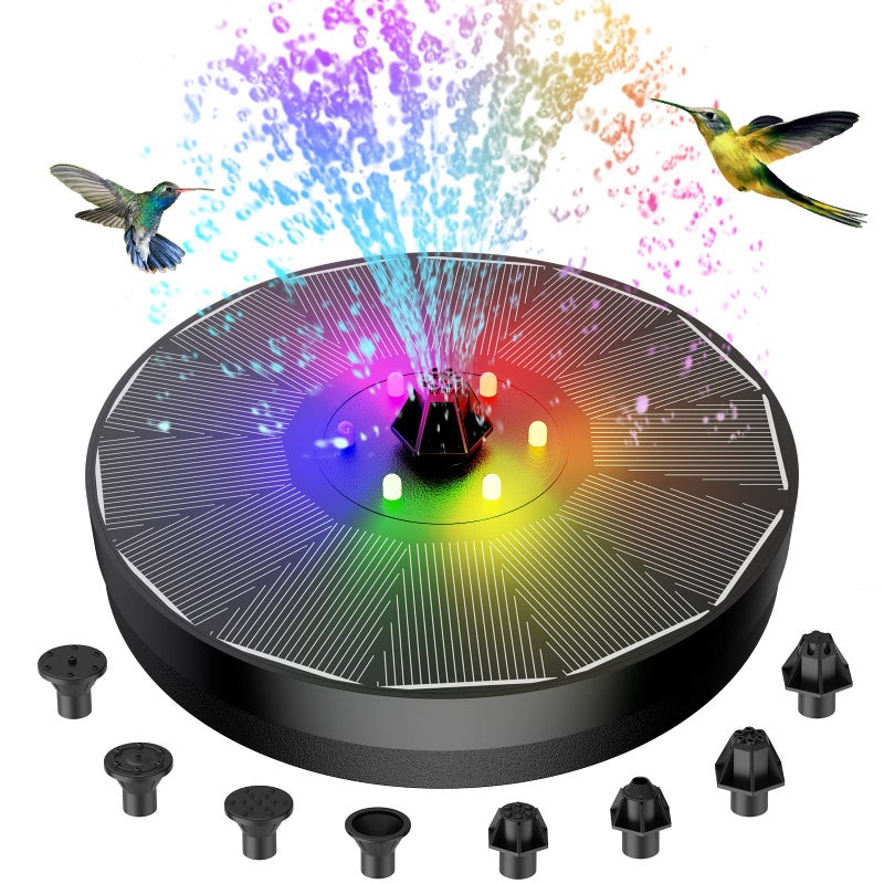 AMIAEDU AMIAEDU Solar Fountain Powered Water 4W Pump for Bird Bath with LED Lights 7 Nozzle and Fixer Hummingbird Garden Pond Pool Fish Tank  Black 
