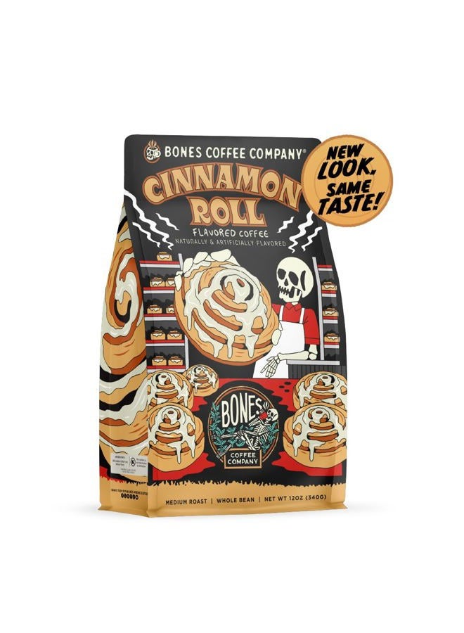 Bones Coffee Company Cinnamon Roll Flavored Coffee, Medium Roast Low Acid Arabica Beans Compatible with Auto drip and French Press Coffee Maker, 12 Oz Whole Bean - Image 2
