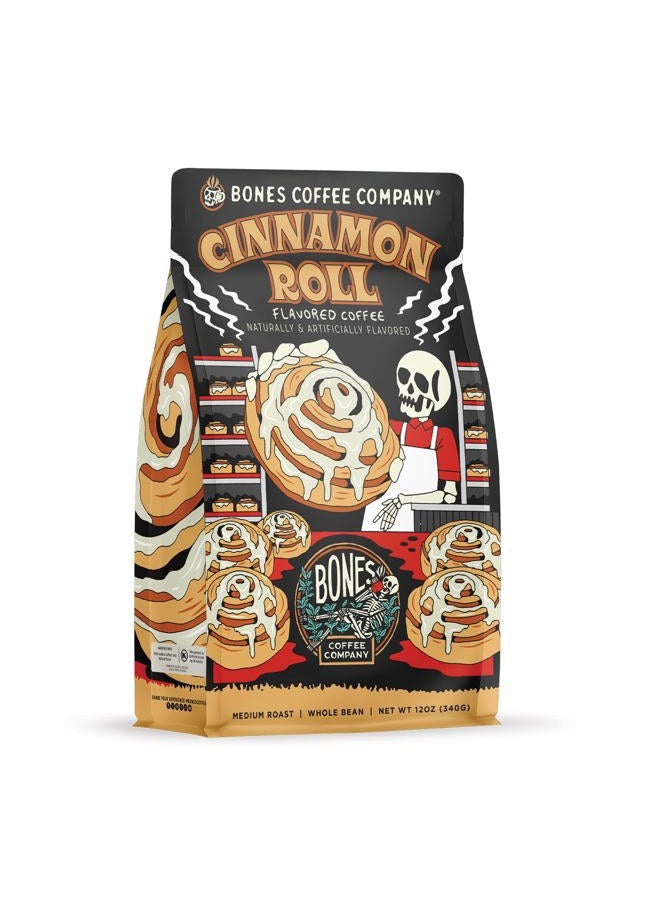 Bones Coffee Company Cinnamon Roll Flavored Coffee, Medium Roast Low Acid Arabica Beans Compatible with Auto drip and French Press Coffee Maker, 12 Oz Whole Bean - Image 1