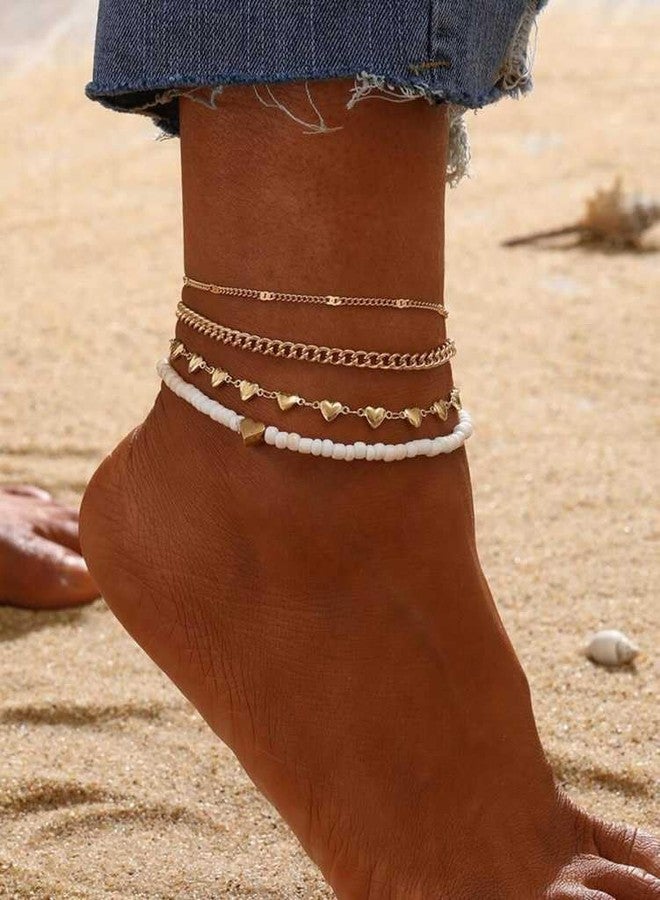 Bling Queen خلخال نسائي متعدد الخيوط من ماركة بلينغ كوين، مزين بالخرز على الطراز البوهيمي مع سلاسل على شكل قلب - Image 3