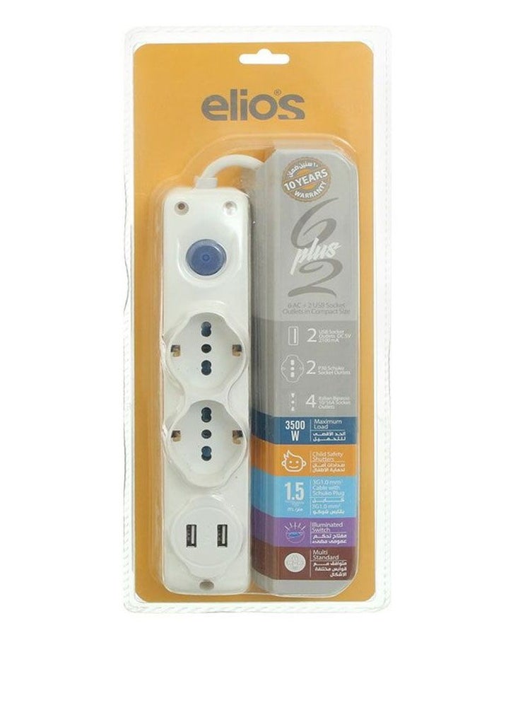 Elios - Elios Electric Power Outlets Quattro power strip with 6 outlets + 2 USB - White - Image 1
