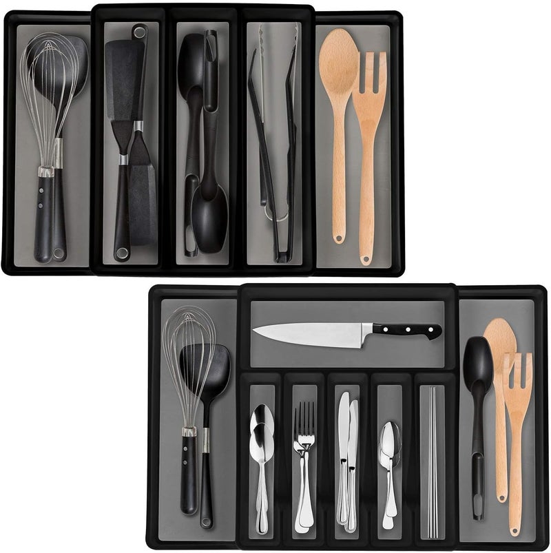 ELTOW Expandable Silverware Drawer Organizer & Utensil Tray Set, Non-Slip Kitchen Drawer Organizers and Storage, Kitchen Organization for Utensils, Cutlery, Office Supplies, Flatware Storage - Black - Image 1