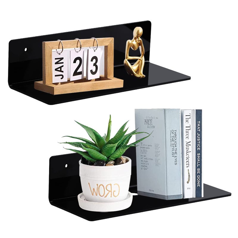 luium 9 Inch Acrylic Floating Shelf No Drill Adhesive Wall Shelf Set of 2 for Funko Pop Storage, Floating Shelves Damage-Free Expand Wall Space for Living Room, Bathroom, Gaming Room, Office - Black - Image 1