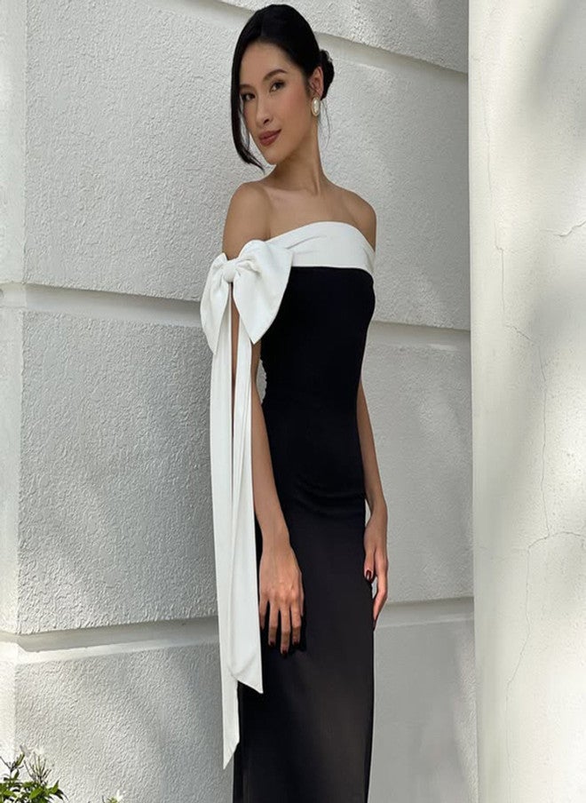 YUNIQEE فستان ماكسي أسود بدون أكتاف على شكل حرف A للنساء - Image 5