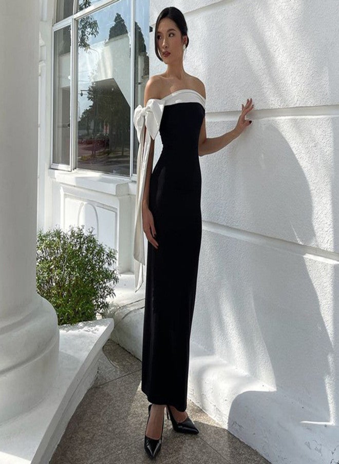 YUNIQEE فستان ماكسي أسود بدون أكتاف على شكل حرف A للنساء - Image 4