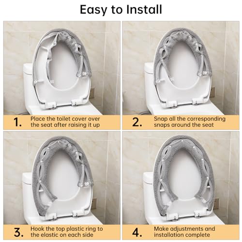 SENOMOR Toilet Seat Cover,Bathroom Soft Thicker Warmer with Snaps Fixed Stretchable Washable Fiber Cloth Toilet Seat Covers Pads Easy Installation& Cleaning (grey) - Image 5