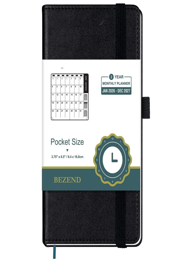 BEZEND 2 Year Month to View Pocket Diary 2026-2027 PU Leather Hardback, Slim Monthly Planner runs Jan’26 to Dec’27 with Back Pocket, 100 GSM Thick Paper - Small Size 16.5 x 9 cm, Black - Image 1