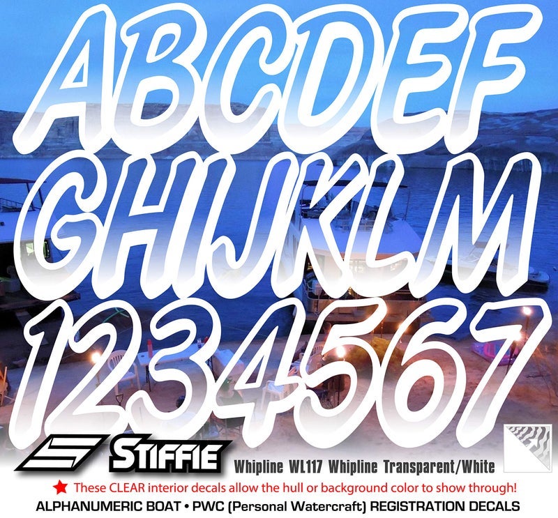 Stiffie WHIPLINE أرقام تعريف تسجيل أبجدية رقمية 3 بوصة، ملصقات القوارب والقوارب المائية الشخصية (شفافة/بيضاء)