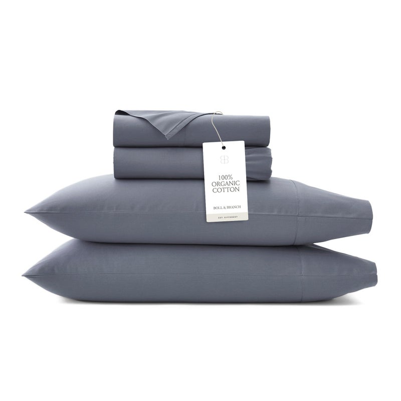 BOLL & BRANCH Signature Hemmed Sheet Set - Twin, Mineral - Luxury 100% Organic Cotton - Includes 1 Flat, 1 Fitted, 2 Pillowcases - Buttery Soft - Image 5