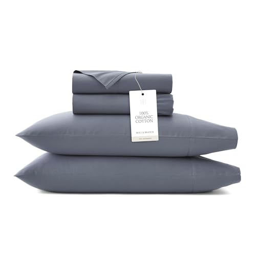 BOLL & BRANCH Signature Hemmed Sheet Set - Twin, Mineral - Luxury 100% Organic Cotton - Includes 1 Flat, 1 Fitted, 2 Pillowcases - Buttery Soft - Image 1