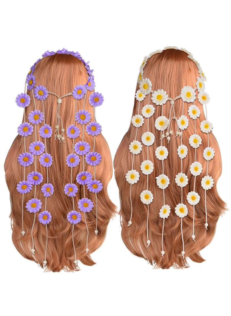 Sucrain - Sucrain 2pcs Flower Hippie Headband Floral Crown Summer Sunflower Hair Accessories for 70 s Bohemian Costumes Style BeigePurple - Image 1